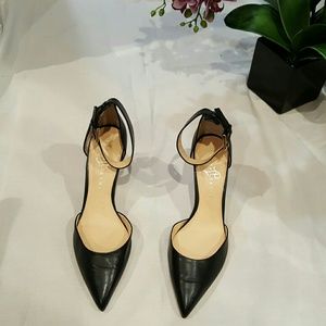 Black/gold leather pumps with ankle straps