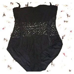 Black halter swimsuit.see-through bodice