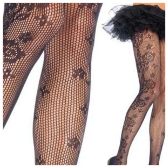 🎃 Floral Stirrup Fishnet Stockings Hosiery Black - Picture 2 of 4