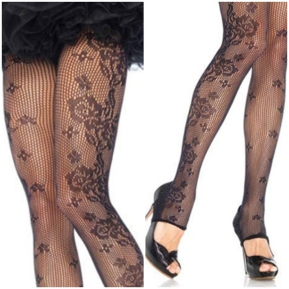 🎃 Floral Stirrup Fishnet Stockings Hosiery Black - Picture 3 of 4