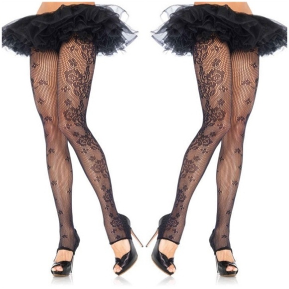🎃 Floral Stirrup Fishnet Stockings Hosiery Black - Picture 4 of 4