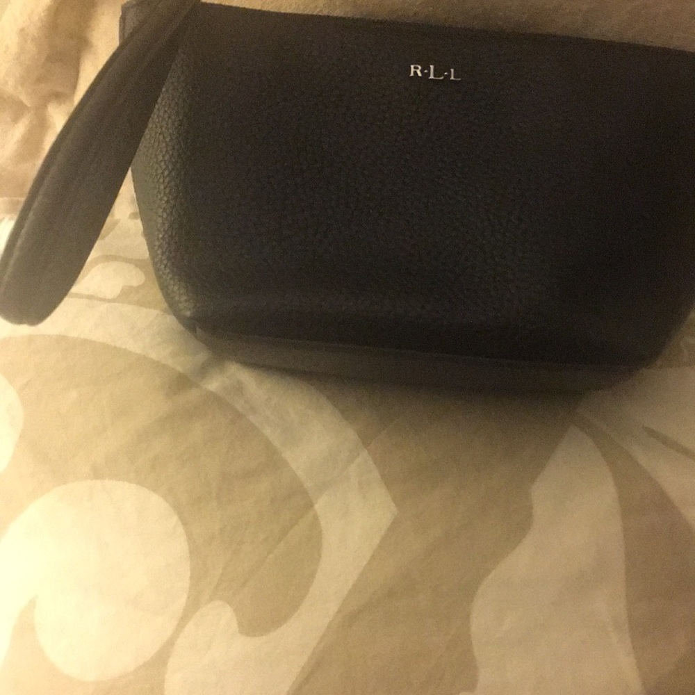 • Black Pebbled Leather R.L.L Wristlet. •
