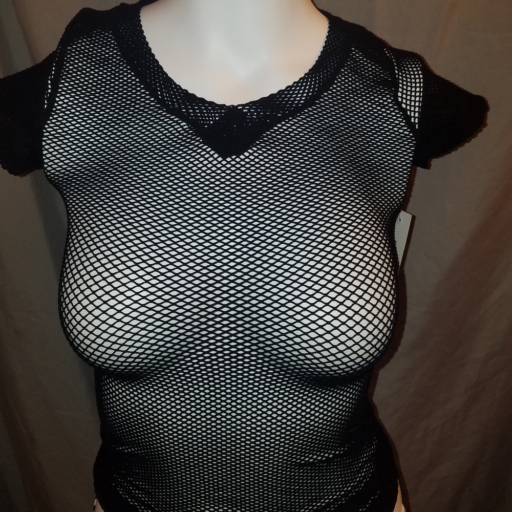 Black V-neck Shortsleeve Fishnet Shirt NWT