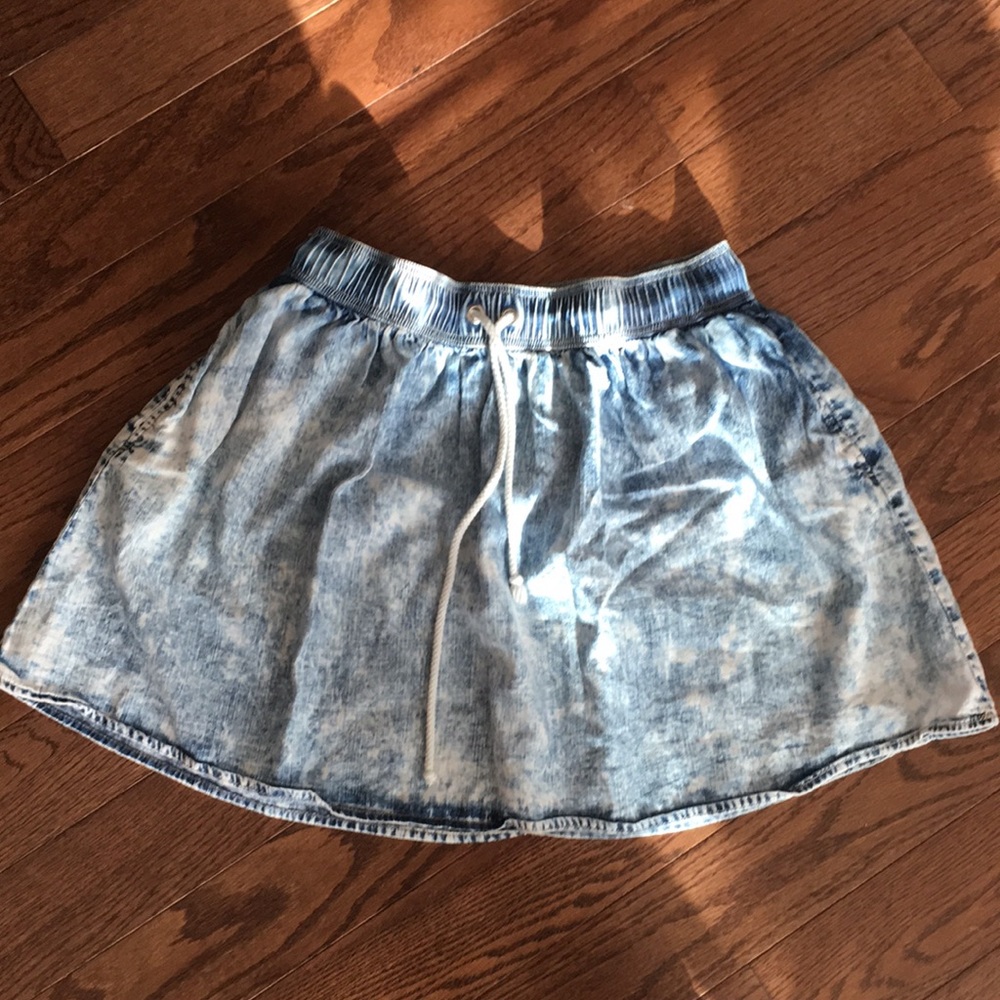 Acid wash, denim skater skirt with drawstring