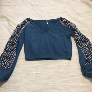 Free People crop sweater with embroidered sleeves