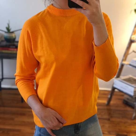 Vintage 60s Bright Orange 3/4 Sleeve Mock Turtleneck Sweater • Small - Picture 13 of 16