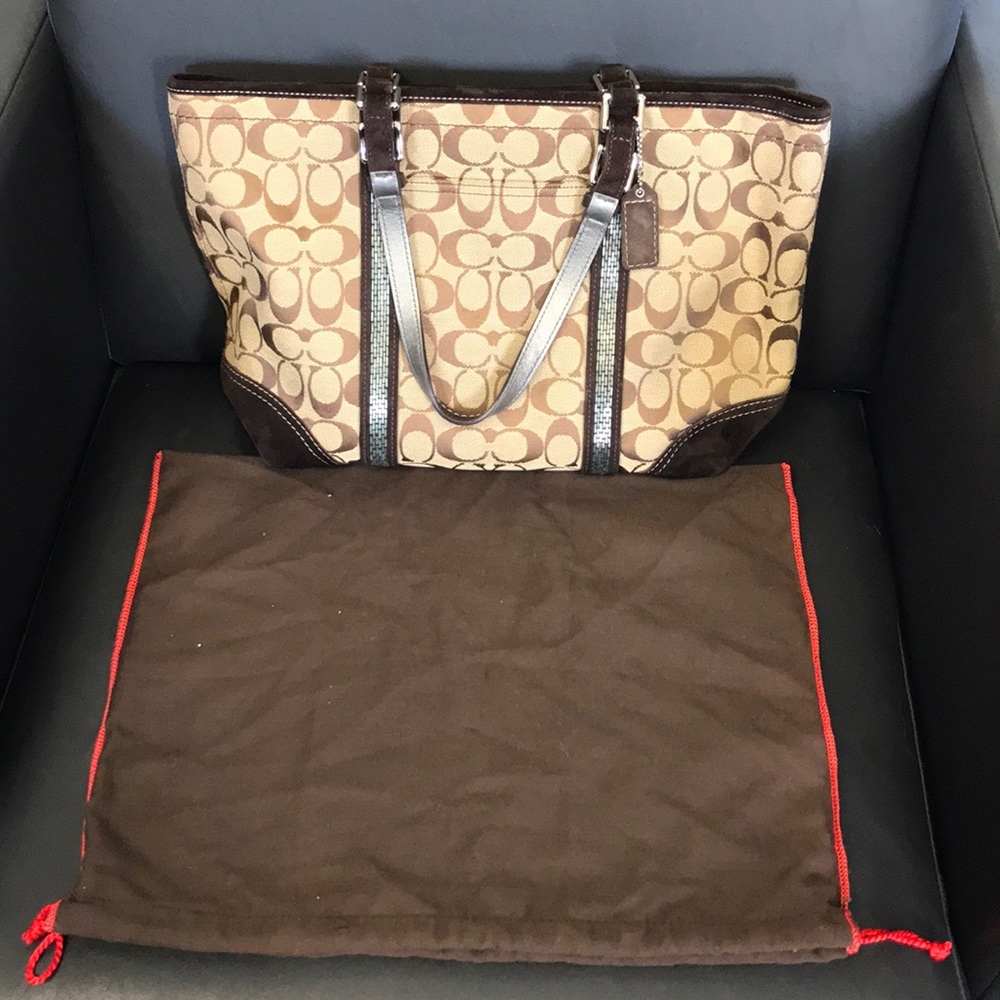 Brown Cloth and Brown Suede Coach Purse w/ Jewels