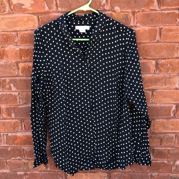 Liz Claiborne Navy and White Polka Dot Button Down - Picture 1 of 3