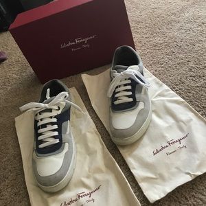 salvatore ferragamo gray-white-and-blue sneakers