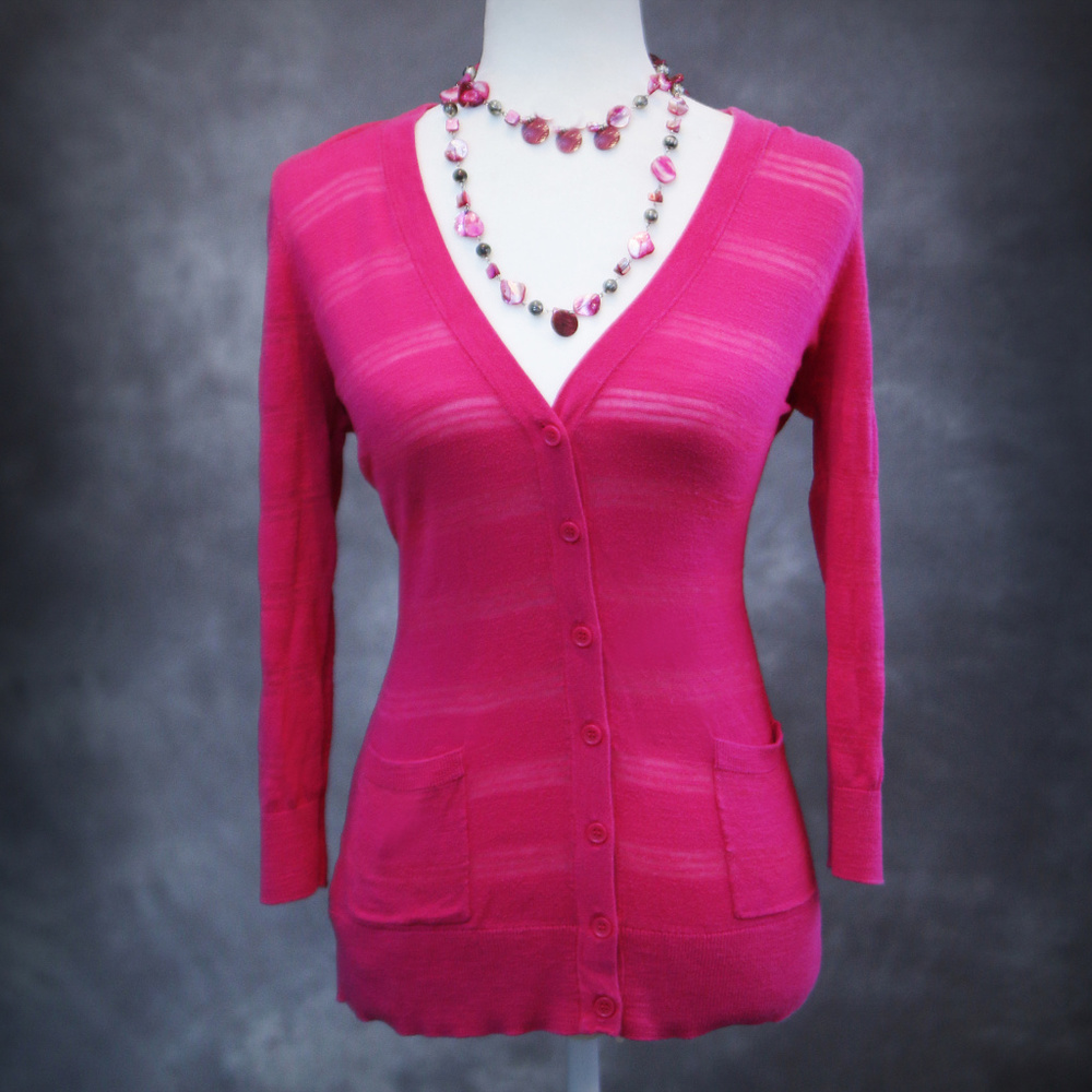 LOFT Pink Cardigan Sweater Size Medium Lightweight Button Front - Picture 2 of 6