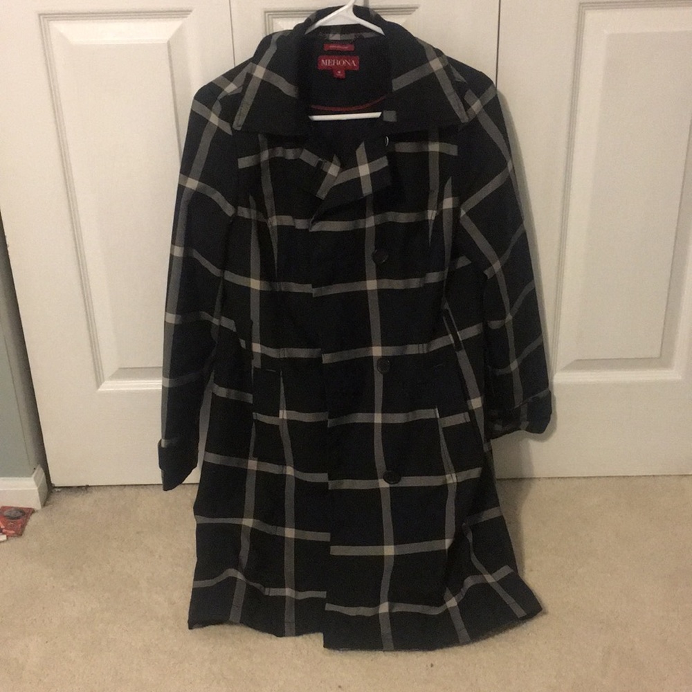 Black Trench Coat with White stripes. Size Medium