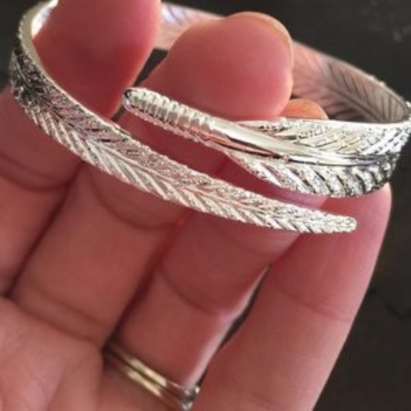 Sterling Silver Feather Wrap Open Bangle Bracelet - Picture 3 of 6