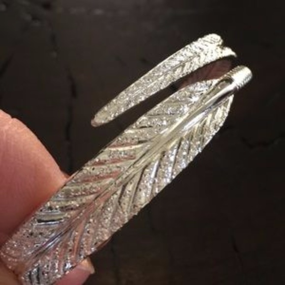 Sterling Silver Feather Wrap Open Bangle Bracelet - Picture 4 of 6
