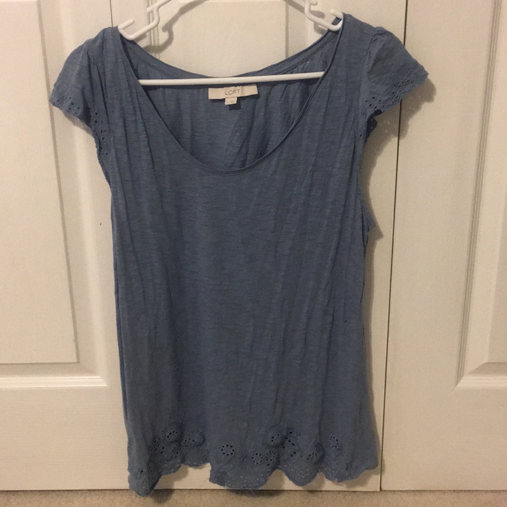 Loft Blue Blouse - Large, floral detail on sleeve