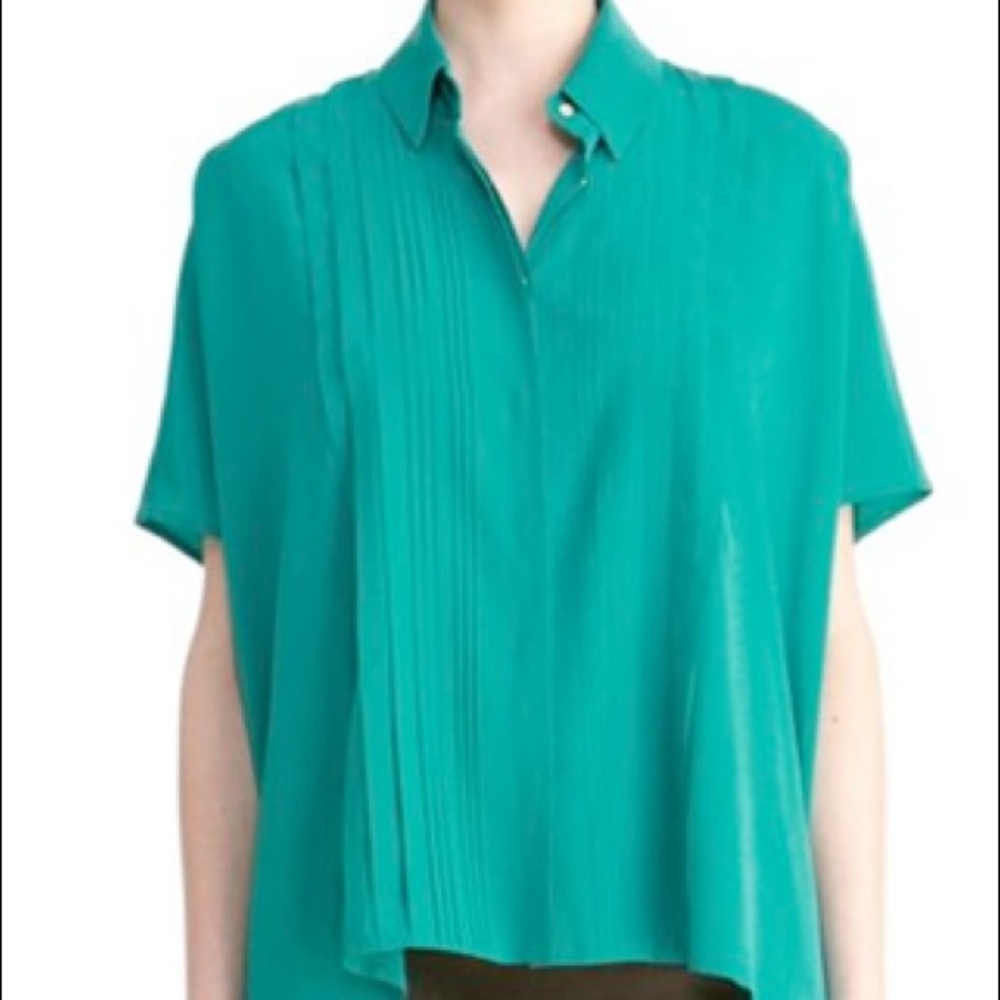 DVF silk teal pintuck blouse