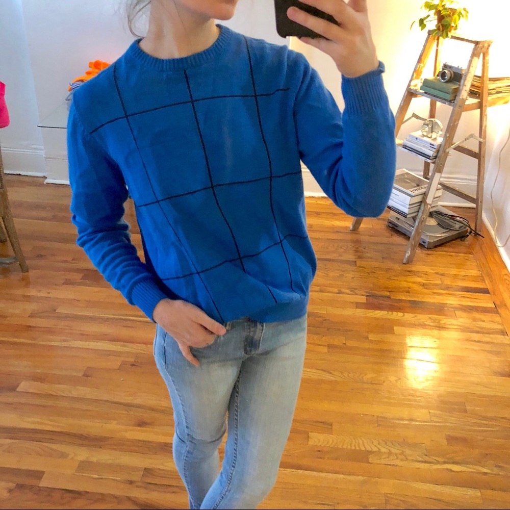 Vintage JOHN ASHFORD Blue Black Checked Cotton Crew Neck Pullover Sweater Jumper - Picture 15 of 16