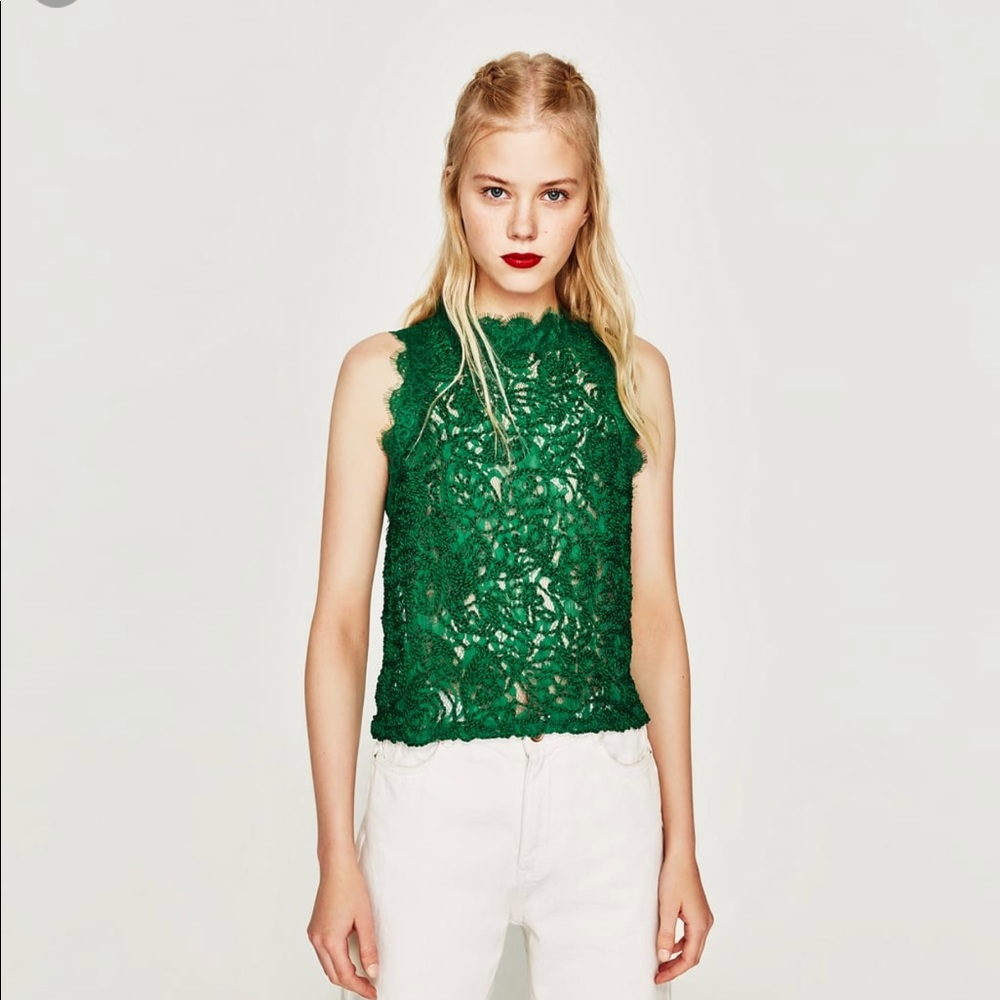 NEW Green Zara sleeveless lace blouse