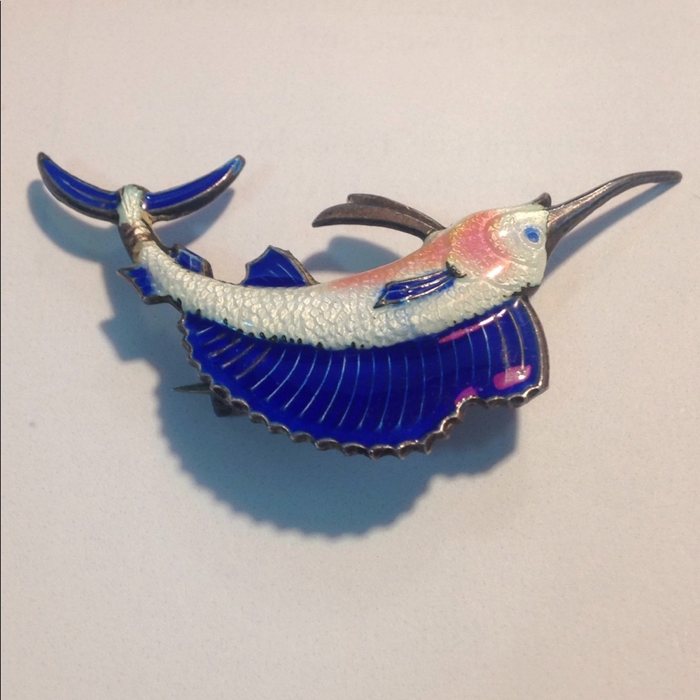 Vintage Blue & White Enamel & Sterling Pin