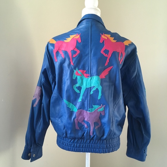 Vintage Jackets & Blazers - Vtg 80’s Blue Faux Leather Horse Appliqué Jacket