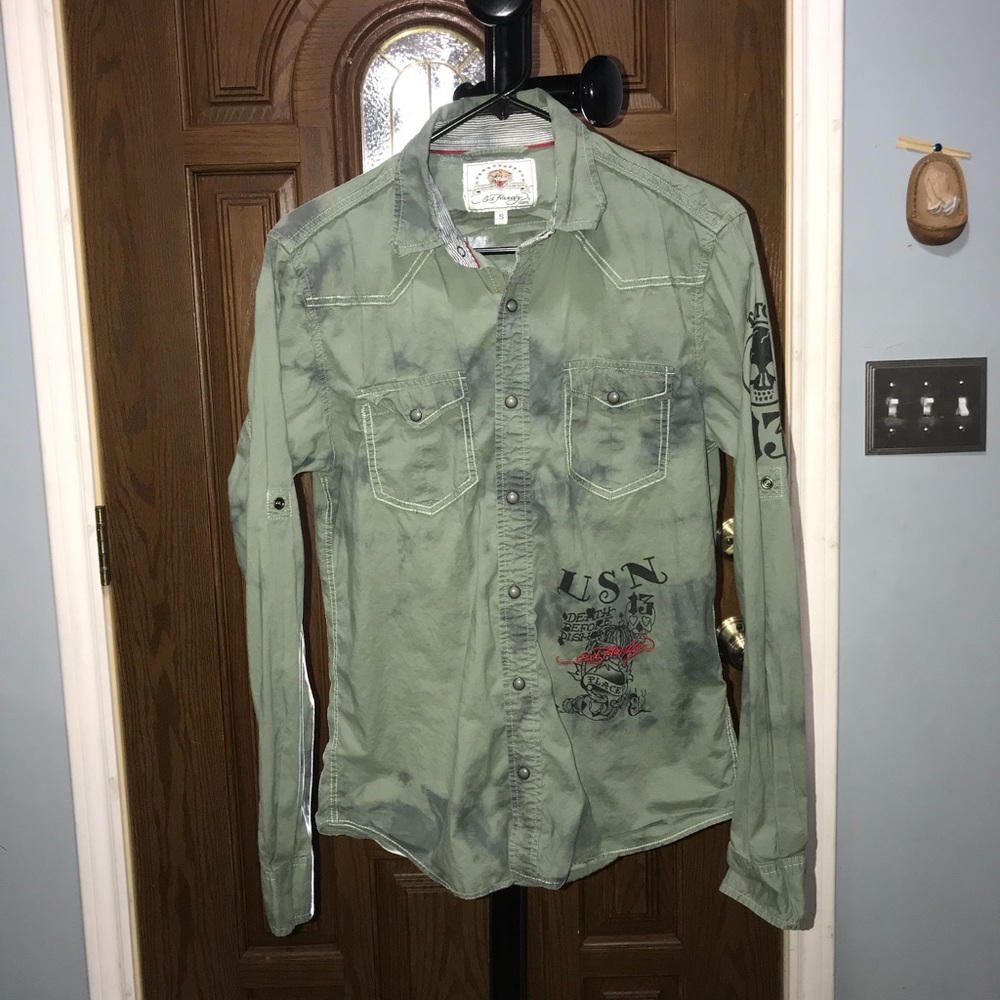 Ed Hardy Sz S military green bottom down men shirt