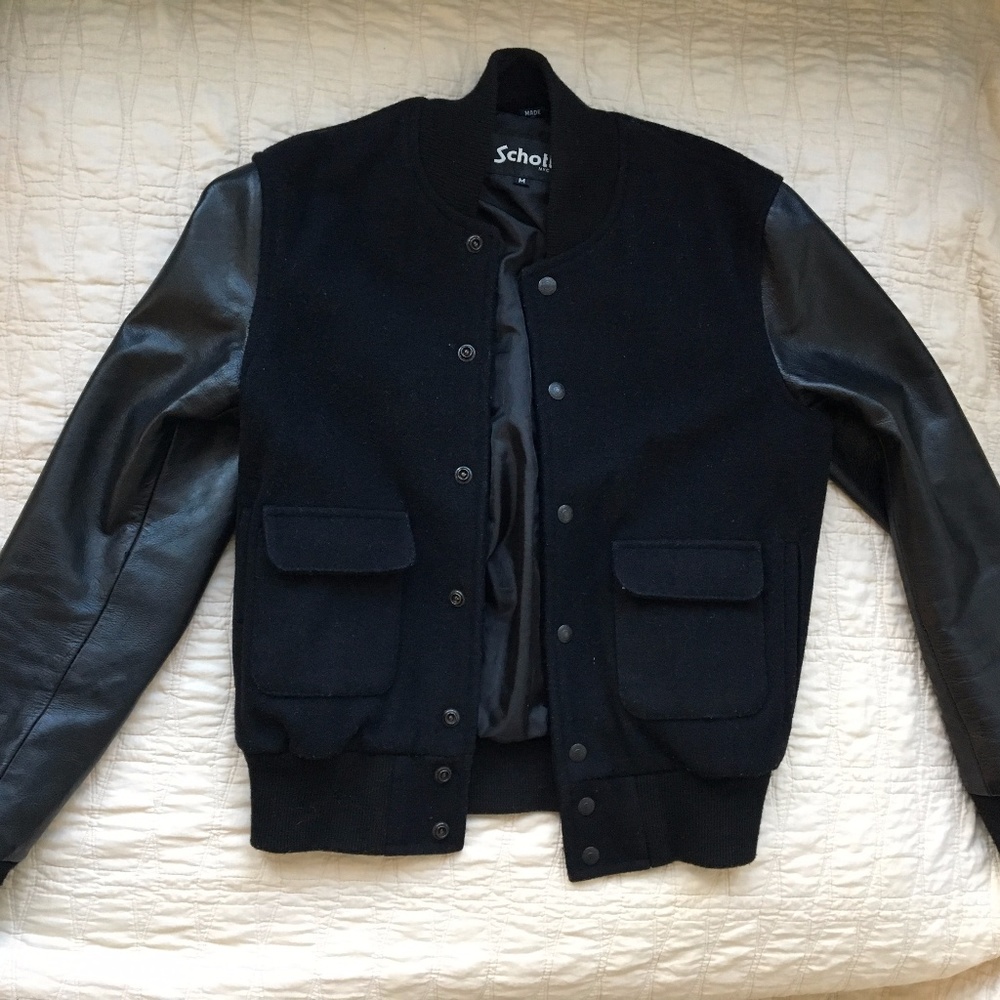 Schott wool bomber jacket with leather sleeves