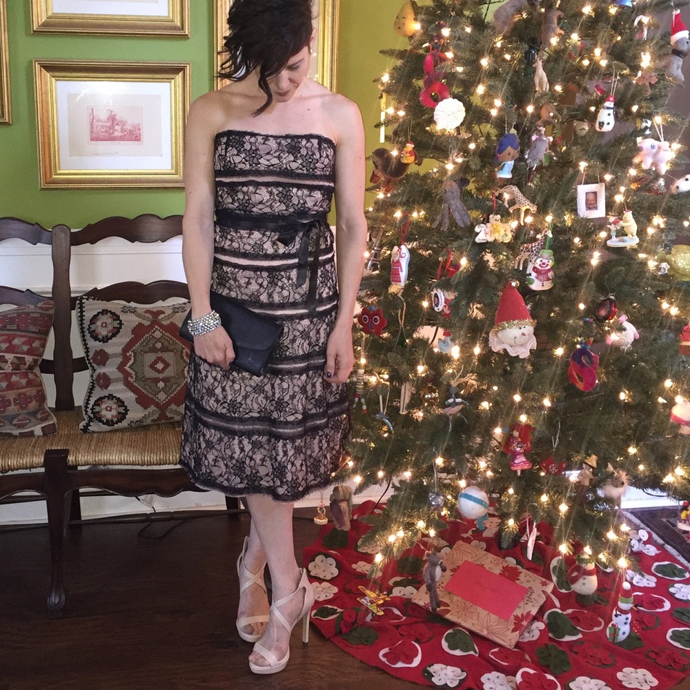 BCBG strapless blk lace silk dress nude underlay 2 - Picture 1 of 7