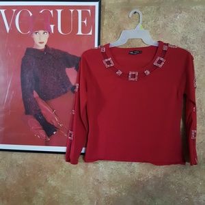 Sexy red blouse open cold shoulder arms rhinestone