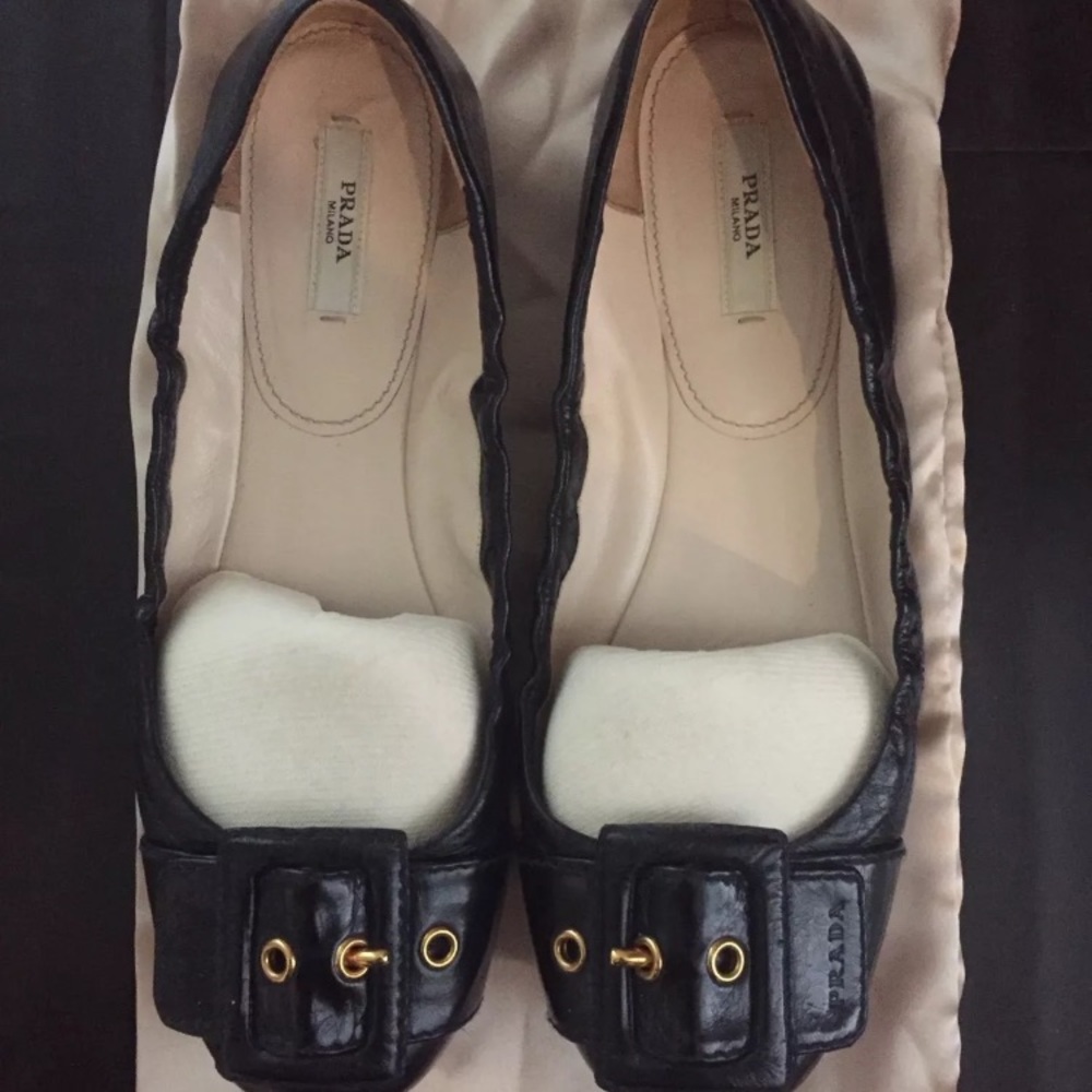 Prada Black Buckle Flats
