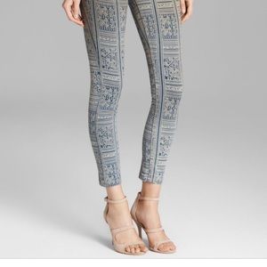 Free people printed denim in blue.