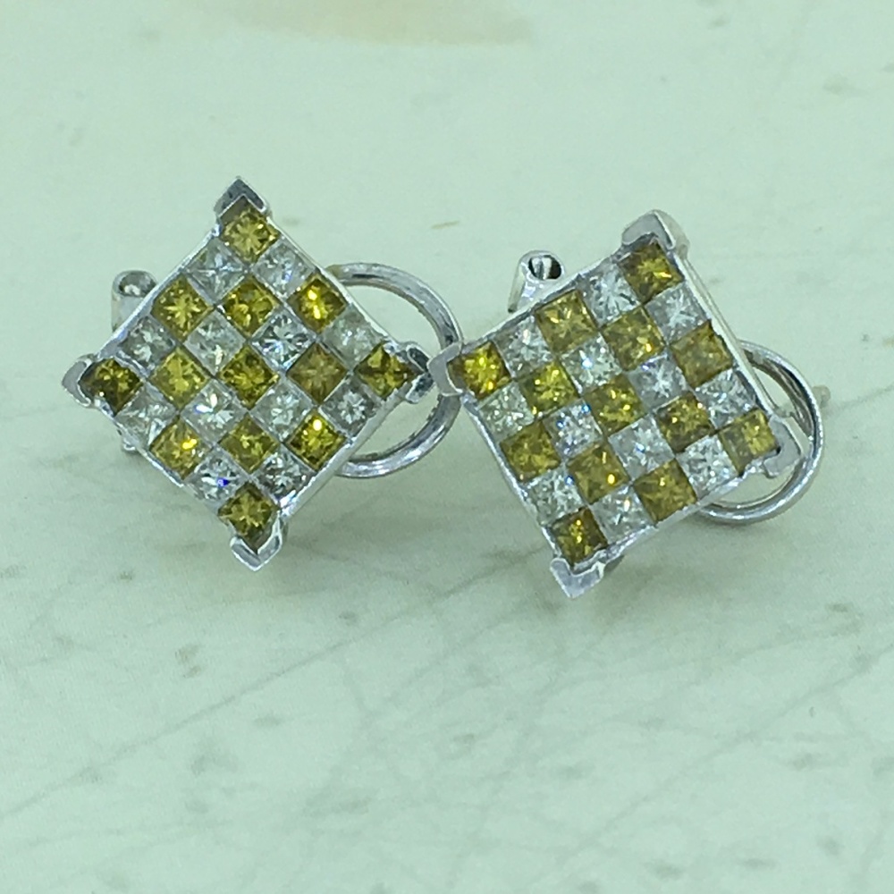 Unisex Yellow & White Princess Cut Diamond Earring