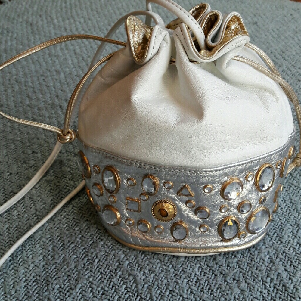 jeweled white leather 80s drawstring bucket purse