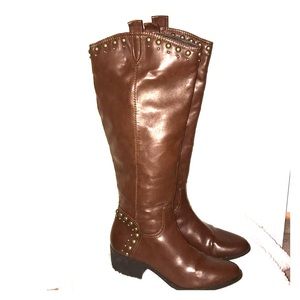Faux leather tall brown studded boots