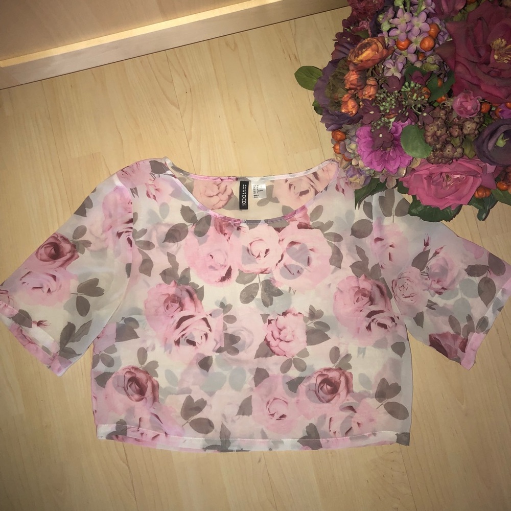 🌹 H&M Size 6 Size M Sheer Floral Crop Top