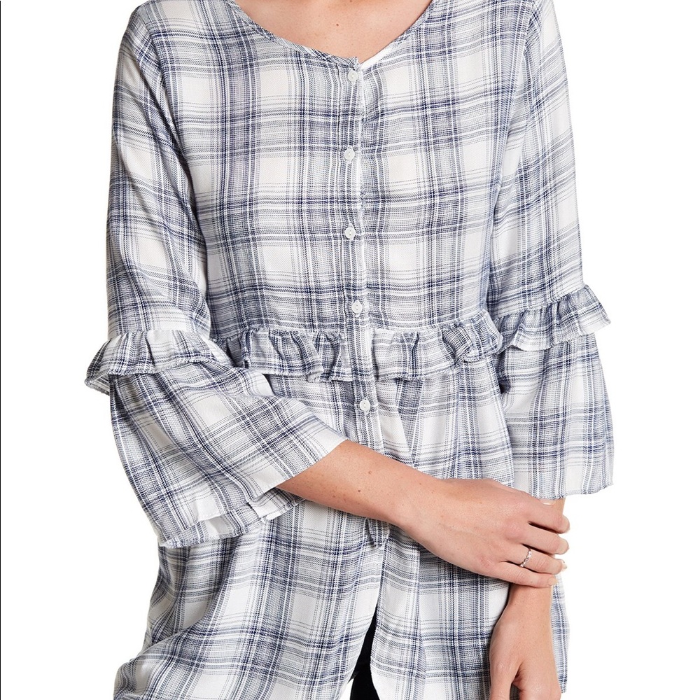 NEW NWT Max Studio Ruffle Navy Plaid Button Shirt