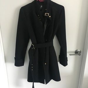 Thigh length black buckle coat