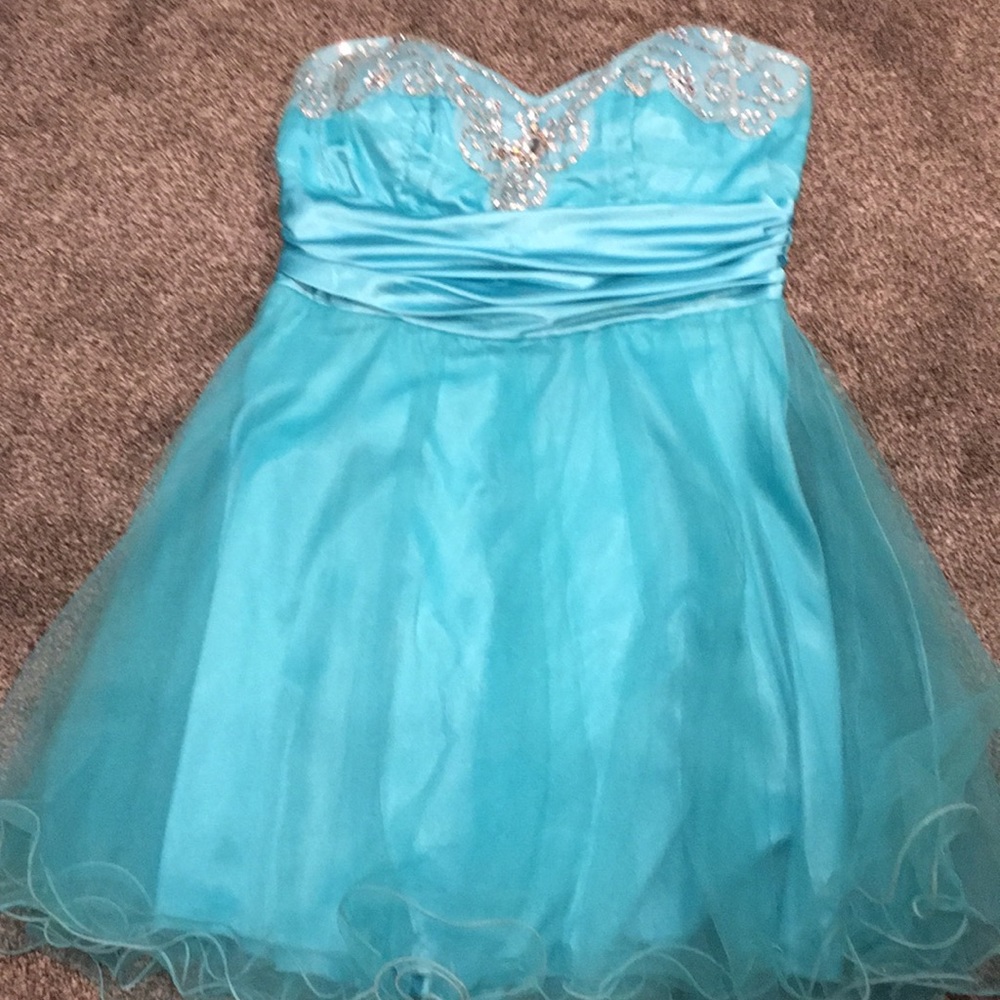 Light blue, strapless sequins prom dress