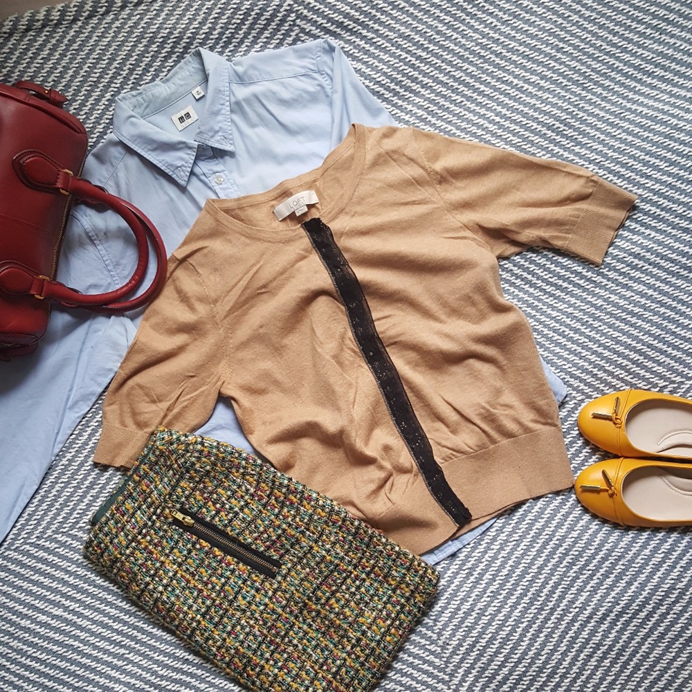 LOFT Half-Sleeve Cardigan with Lace Accent