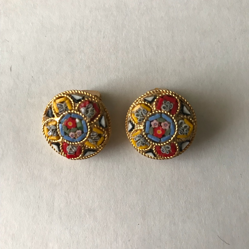 Vintage Italian Micro Mosaic Clip On Earrings - Picture 1 of 5