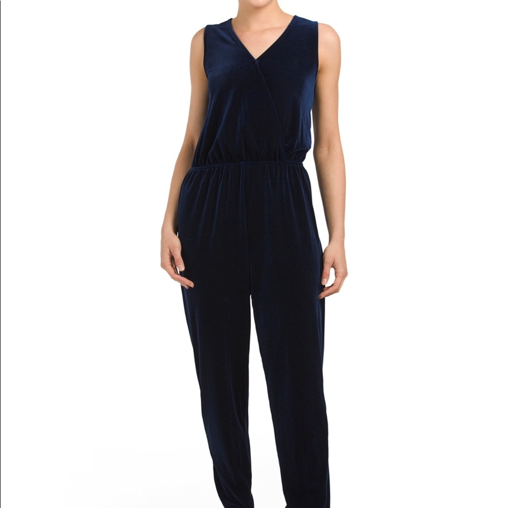 Green envelope velvet  surplice navy jumpsuit SM