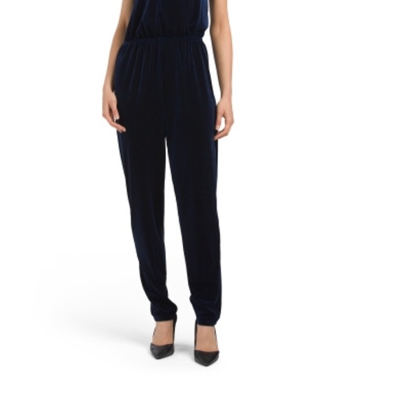 Green envelope velvet  surplice navy jumpsuit SM - Picture 2 of 3