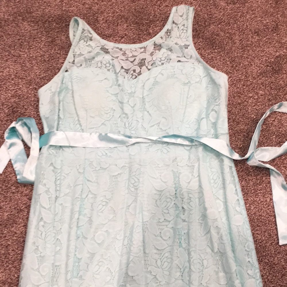 Long teal lace dress