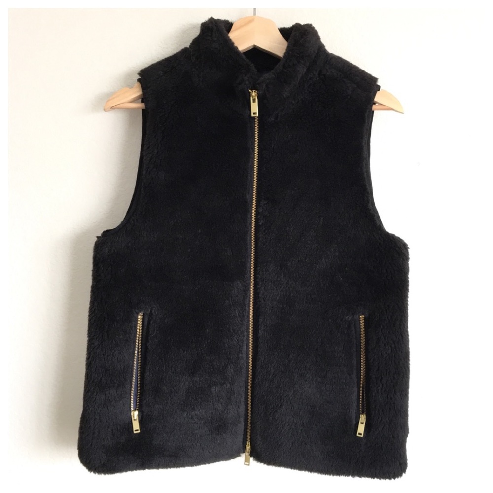 J.Crew Black Faux Fur Gold Zipper Vest