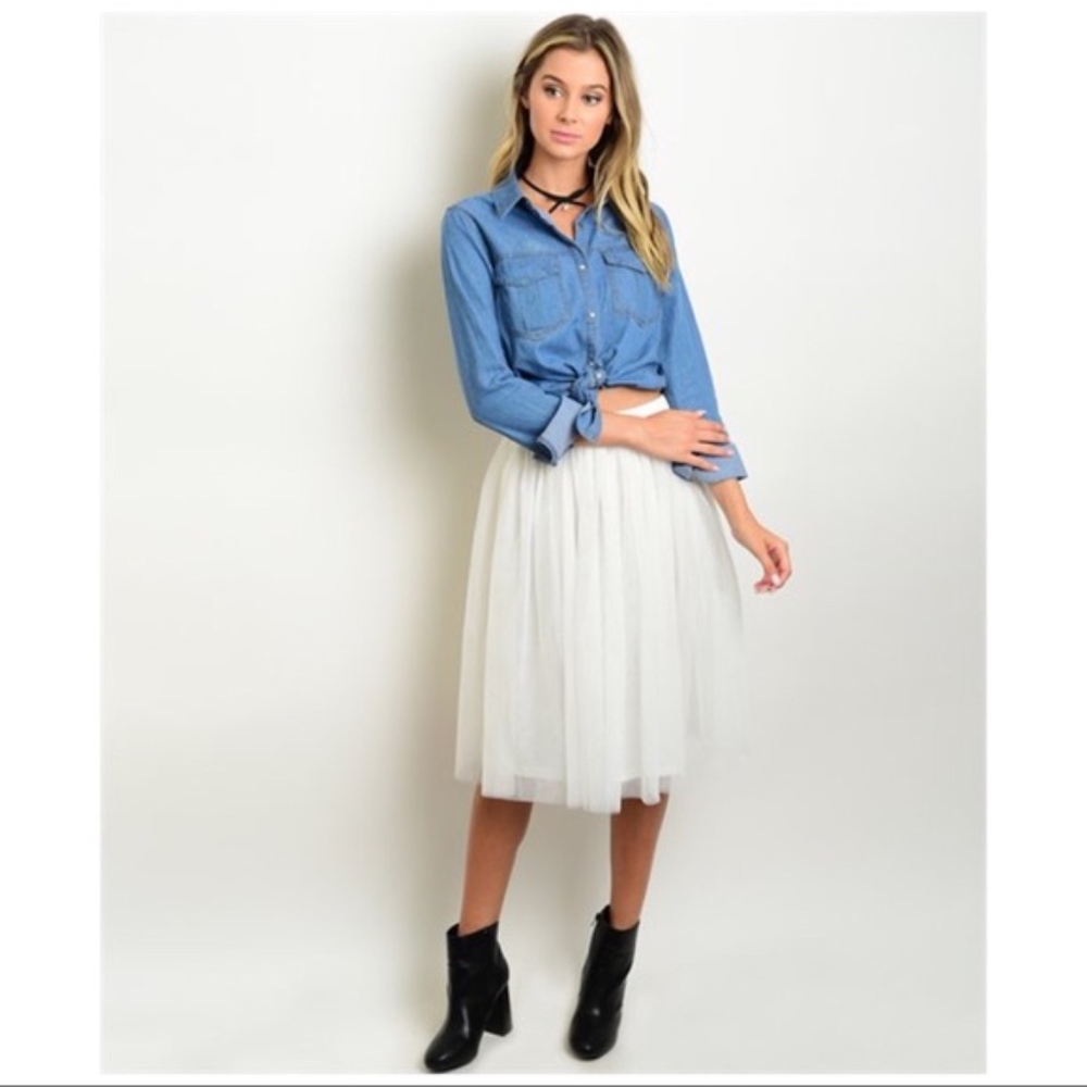 White Tulle Party Midi Elastic Waist Skirt NWT - Picture 3 of 5