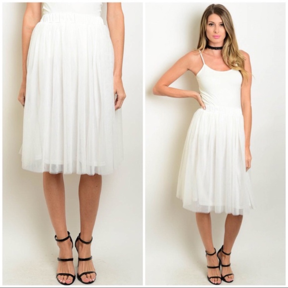 White Tulle Party Midi Elastic Waist Skirt NWT - Picture 2 of 5