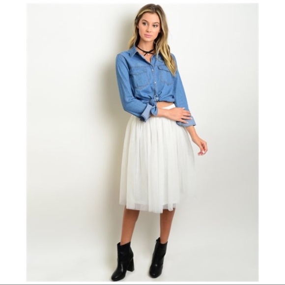 White Tulle Party Midi Elastic Waist Skirt NWT - Picture 3 of 5