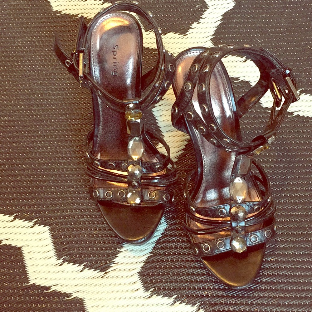 Strappy Black Leather Jeweled High Heels ⚡️👠