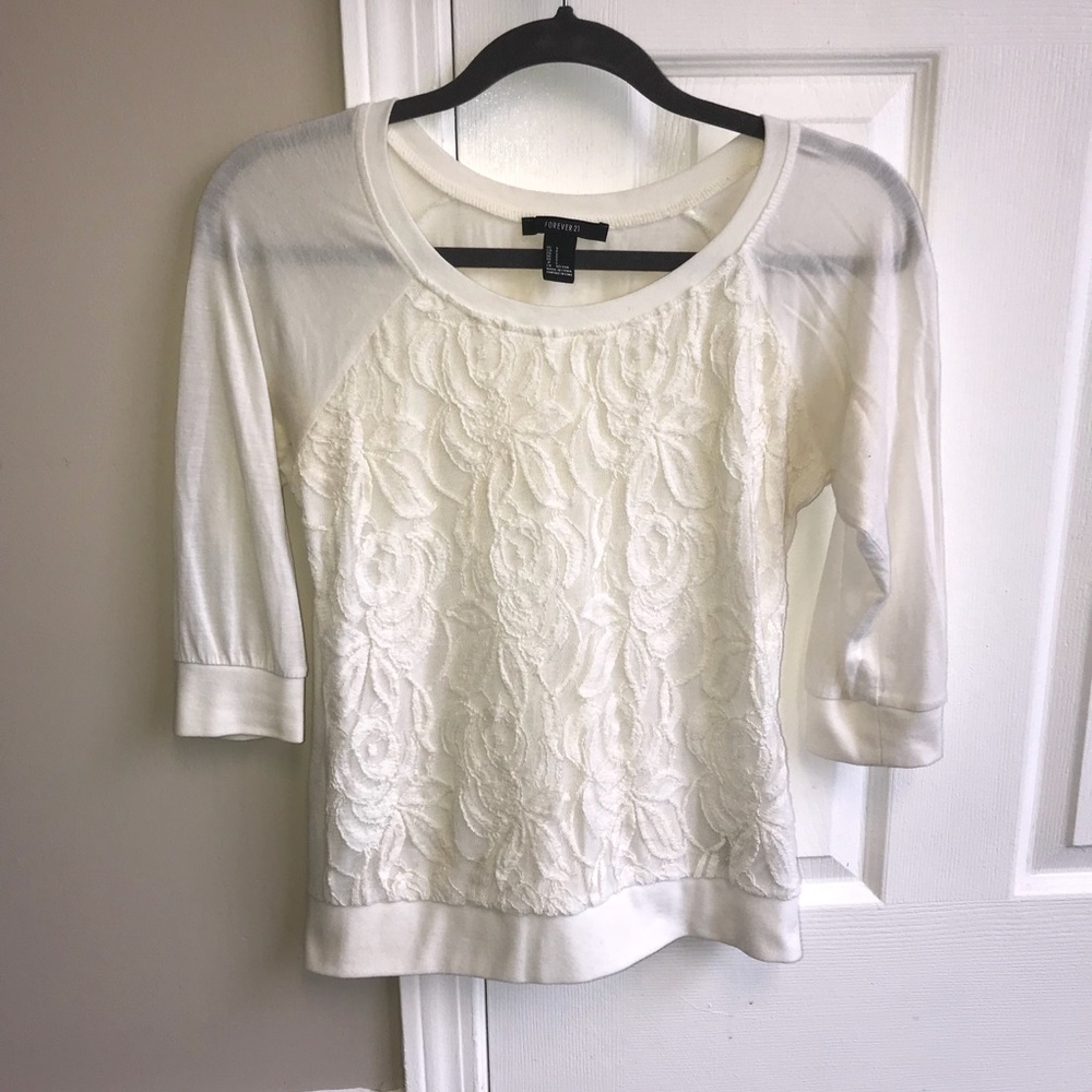 White Floral Lace Top, 3/4 Length Sleeves