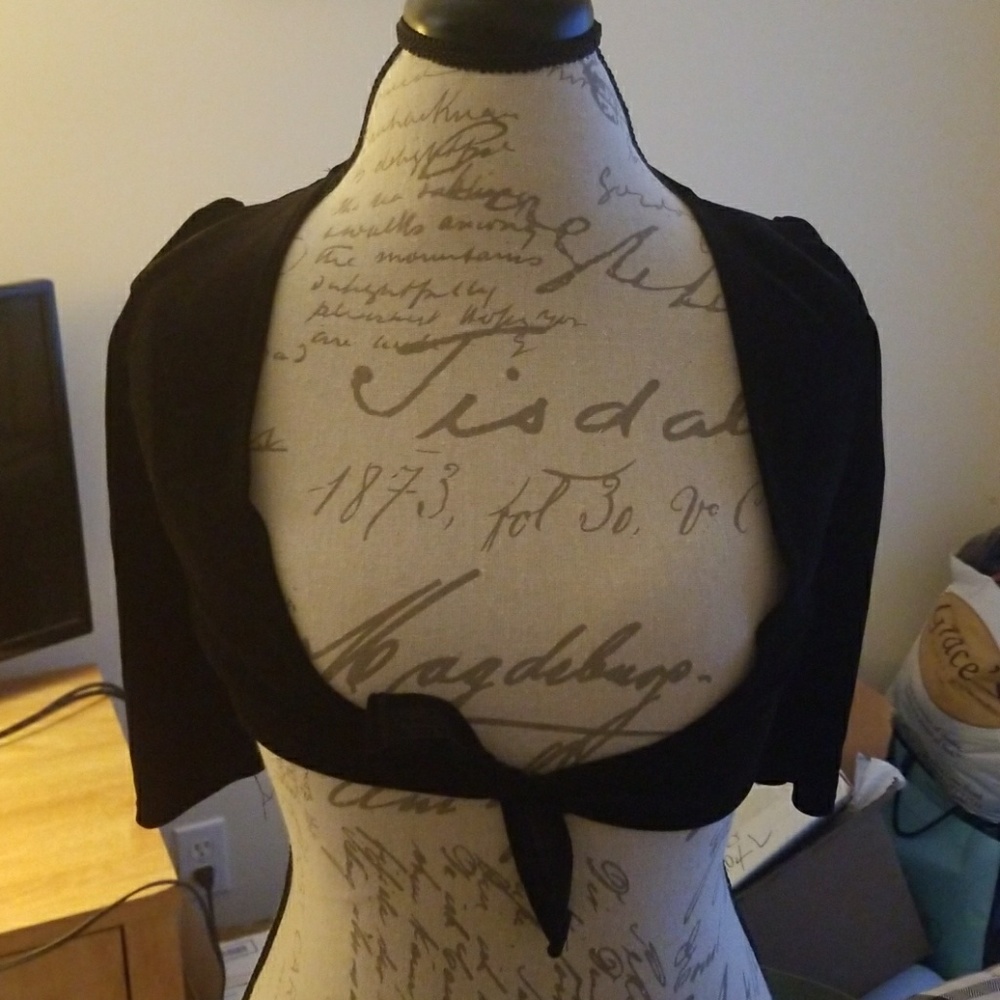 Aqua black velvet tie front blouse