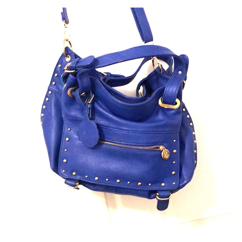 Blue long strap studded purse