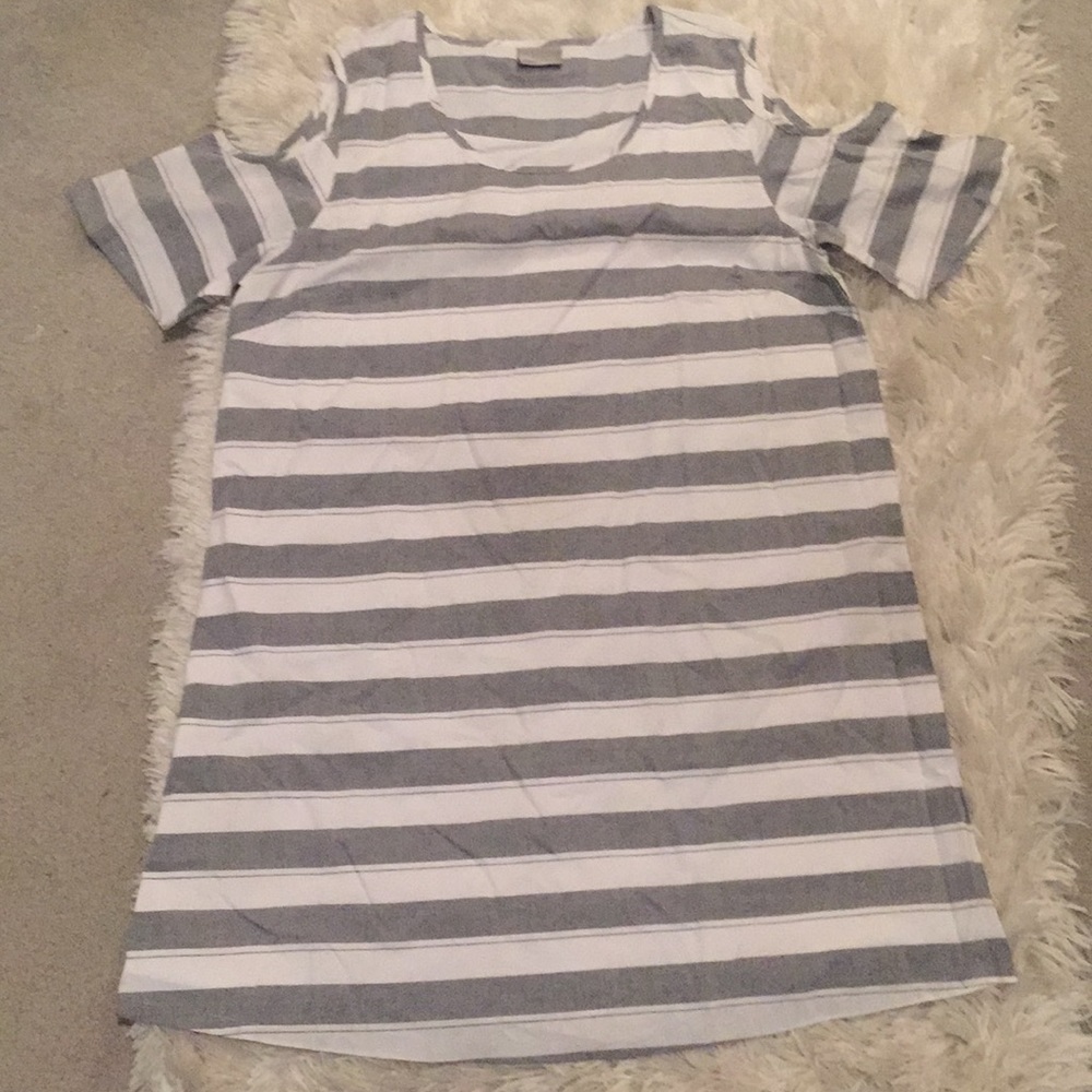 White/navy striped cotton cold shoulder dress